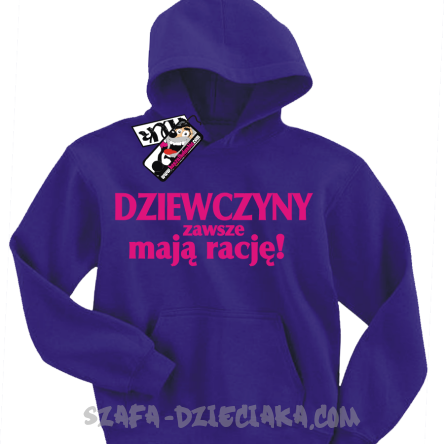 Dziewczyny zawsze mają rację - bluza dziecięca z kapturem - fioletowy
